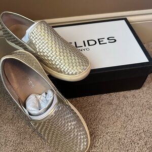 J Slides Metallic Gold Woven Sneakers